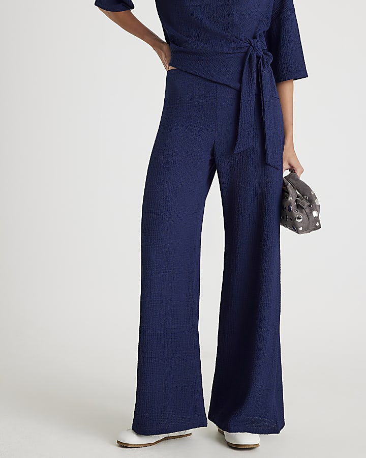 Navy Textured Wide Leg Trousers