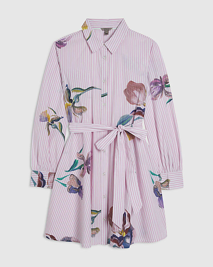 Pink Floral Stripe Shirt Dress