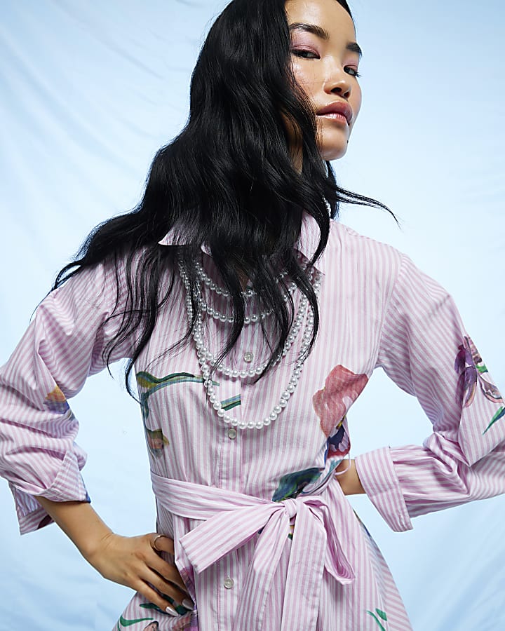 Pink Floral Stripe Shirt Dress