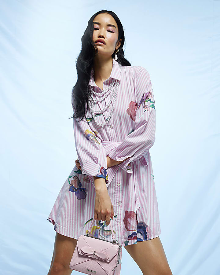 Pink Floral Stripe Shirt Dress