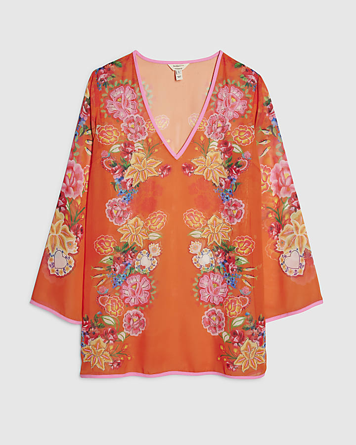 Orange Floral Tunic Beach Dress