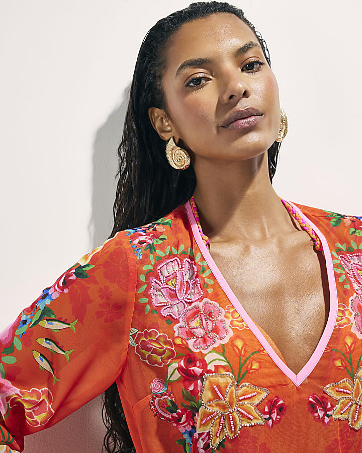Orange Floral Tunic Beach Dress