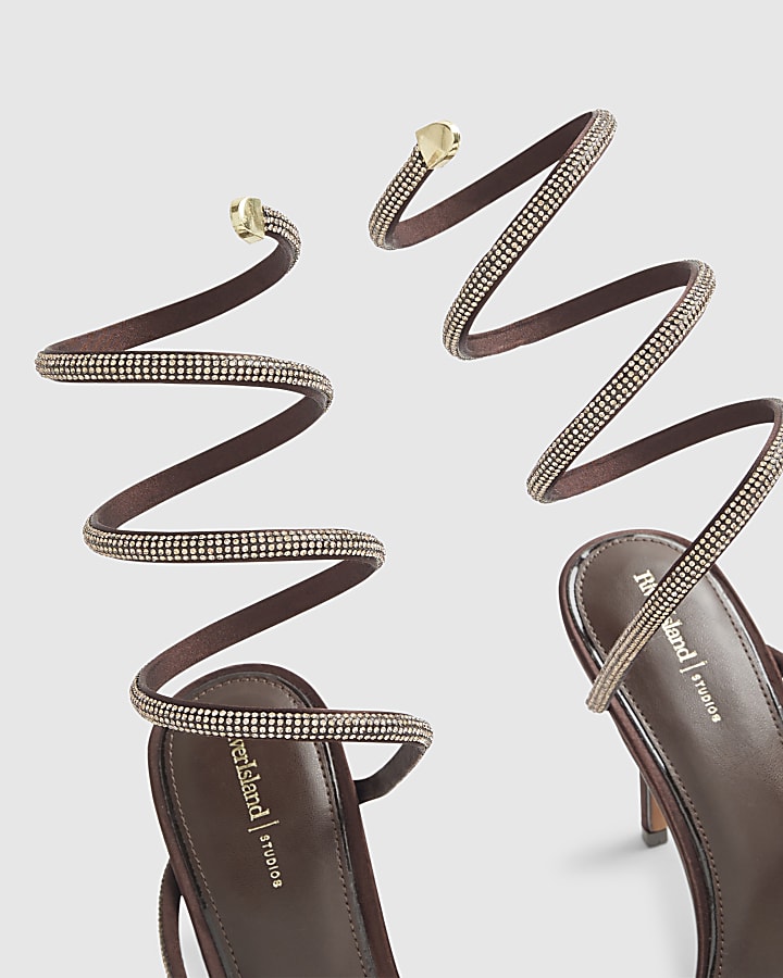 Brown Embellished Wrap Around Heeled Sandals