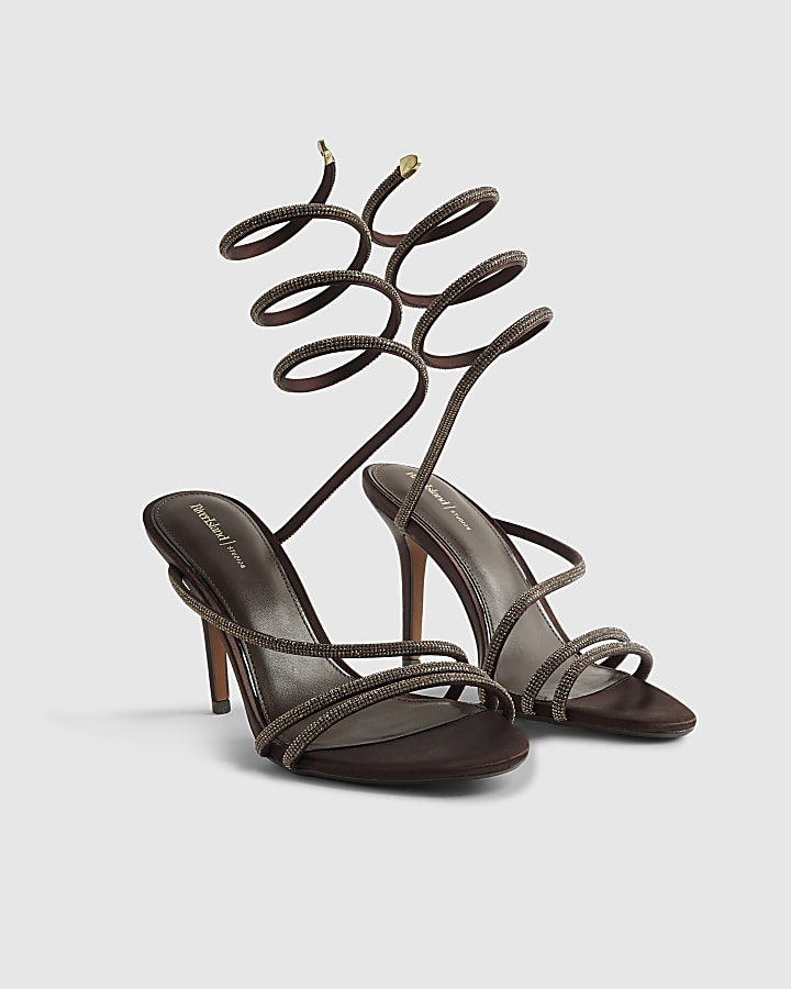 Brown Embellished Wrap Around Heeled Sandals