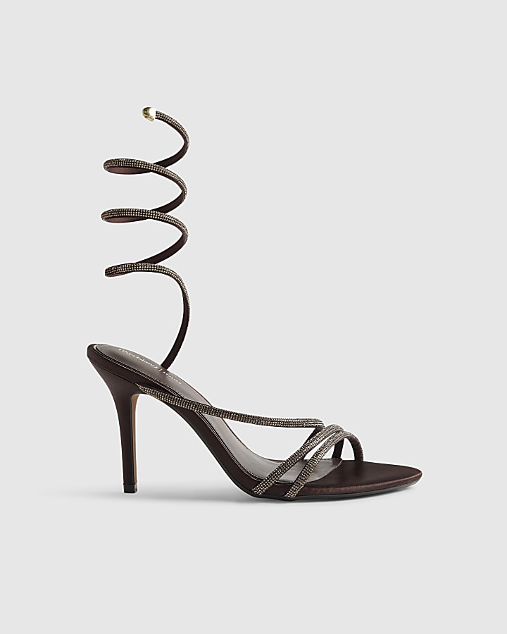 Brown Embellished Wrap Around Heeled Sandals