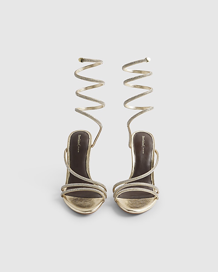 Gold Embellished Wrap Around Heeled Sandals