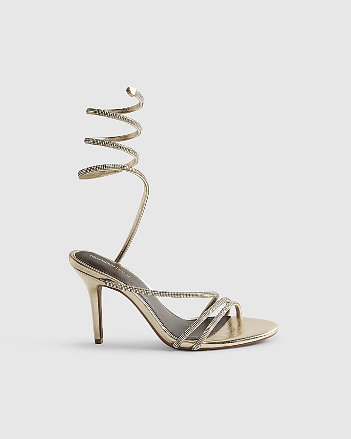 Gold Embellished Wrap Around Heeled Sandals