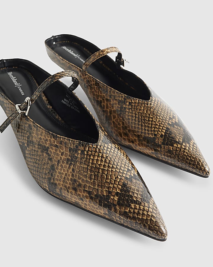 Brown Snake Print Pointed Mule Court Heels