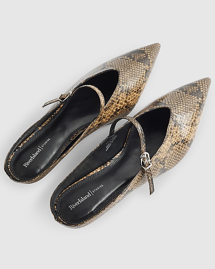Brown Snake Print Pointed Mule Court Heels