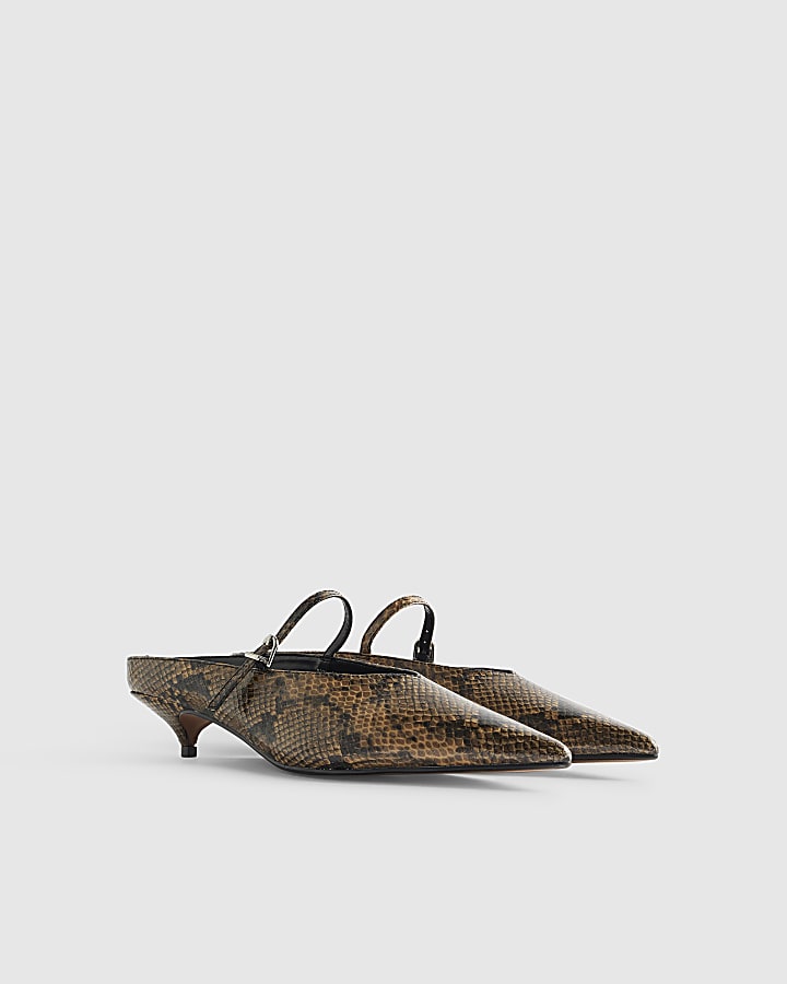 Brown Snake Print Pointed Mule Court Heels