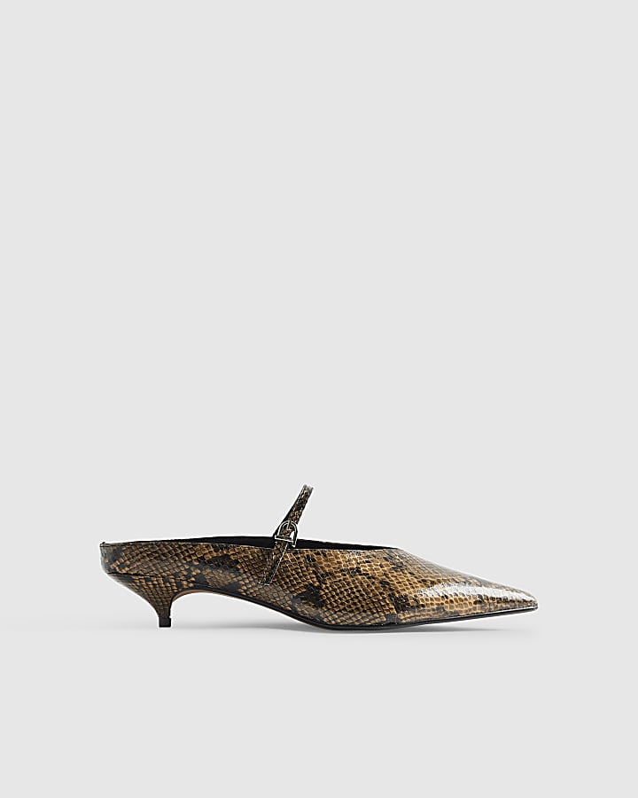 Brown Snake Print Pointed Mule Court Heels