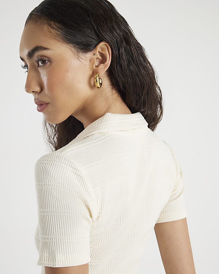 White Short Sleeve Button Up Polo Top