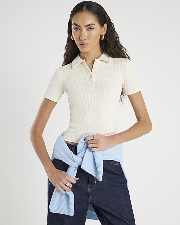 White Short Sleeve Button Up Polo Top