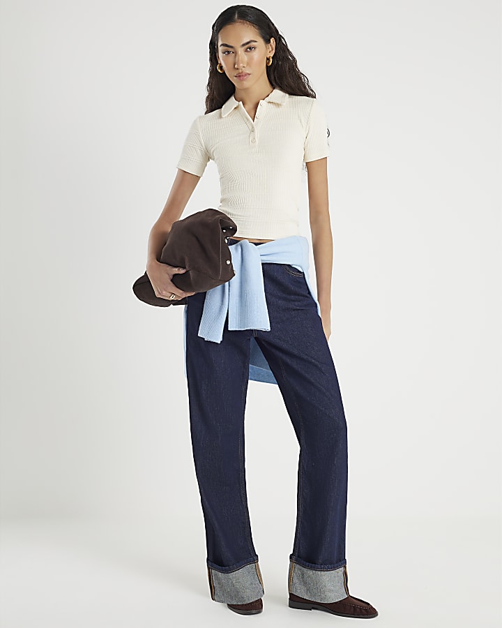 White Short Sleeve Button Up Polo Top