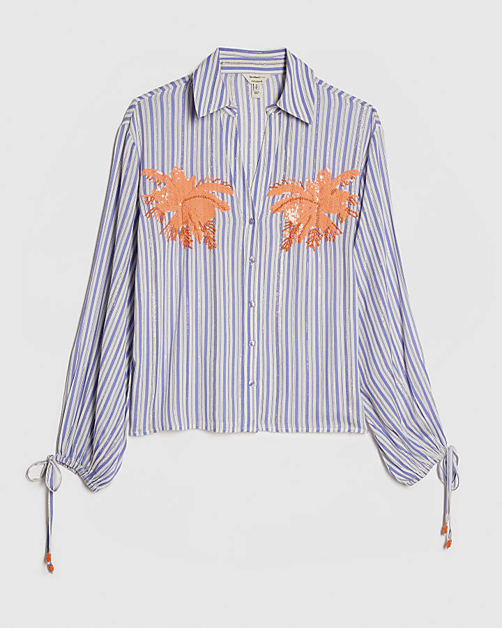 White Striped Embellished Palm Beach Shirt