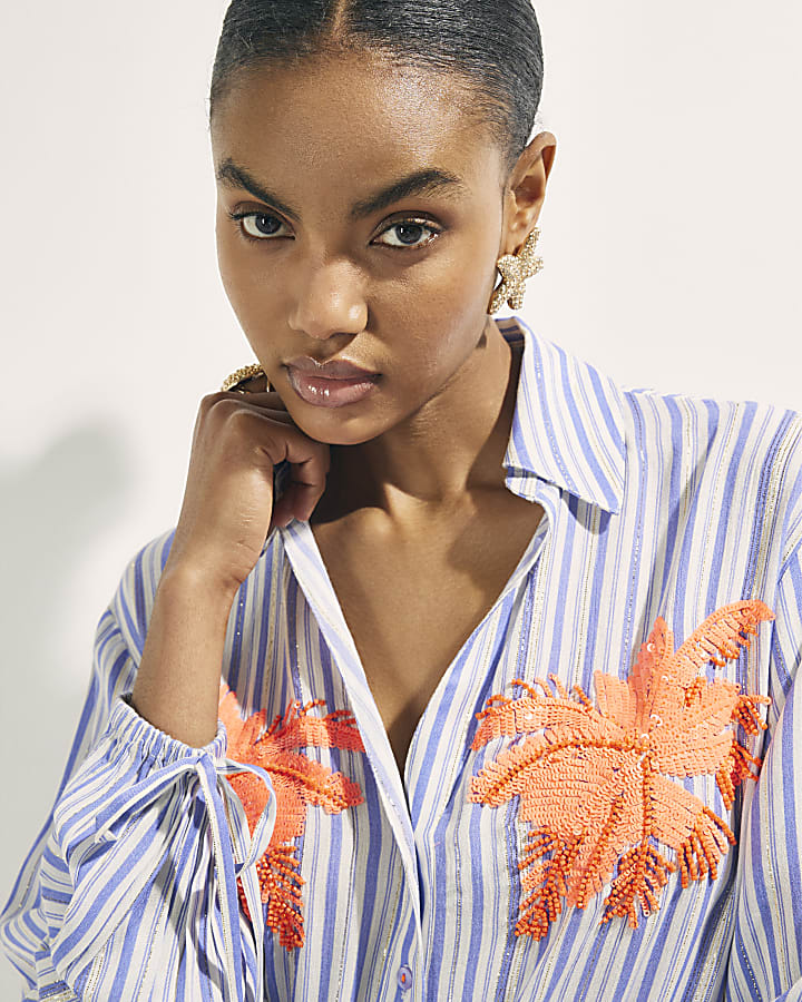 White Striped Embellished Palm Beach Shirt