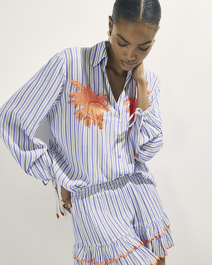 White Striped Embellished Palm Beach Shirt
