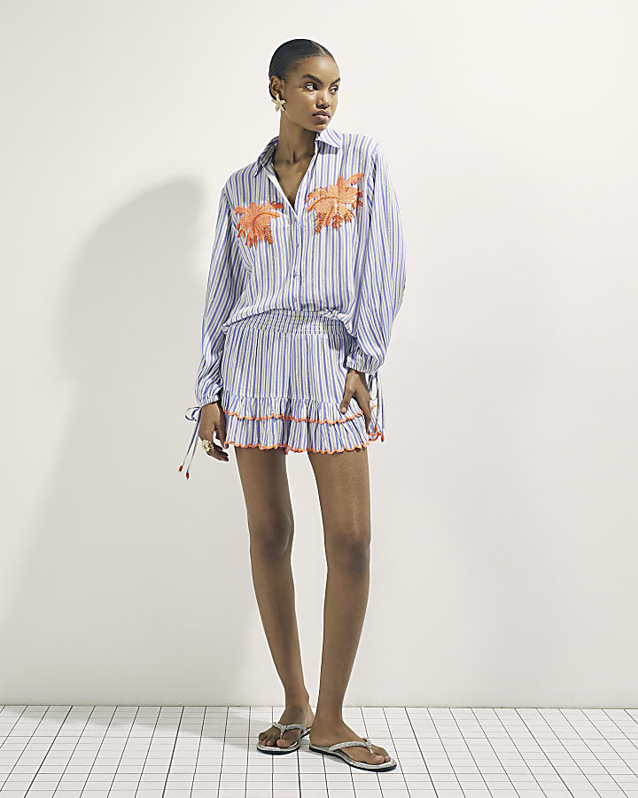 White Striped Embellished Palm Beach Shirt