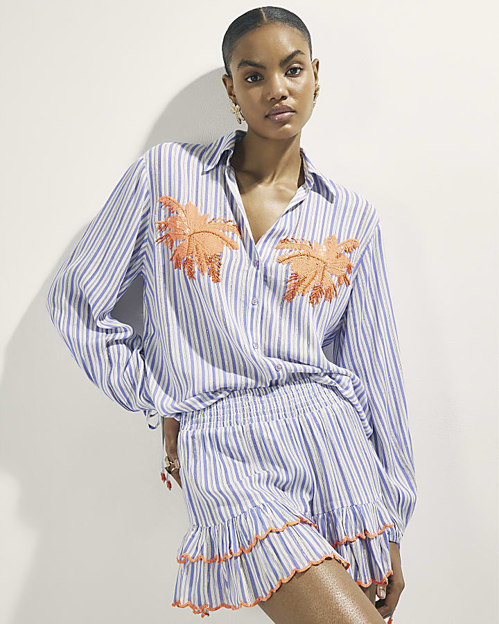 White Striped Sequin Embellished Shorts