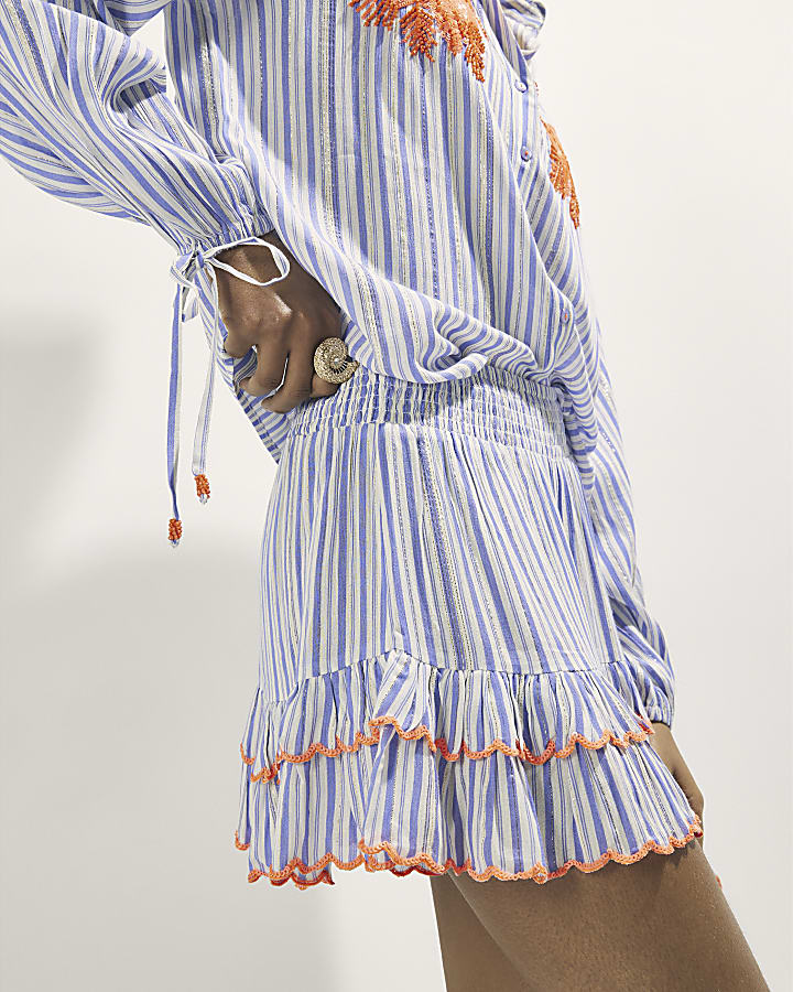 White Striped Sequin Embellished Shorts