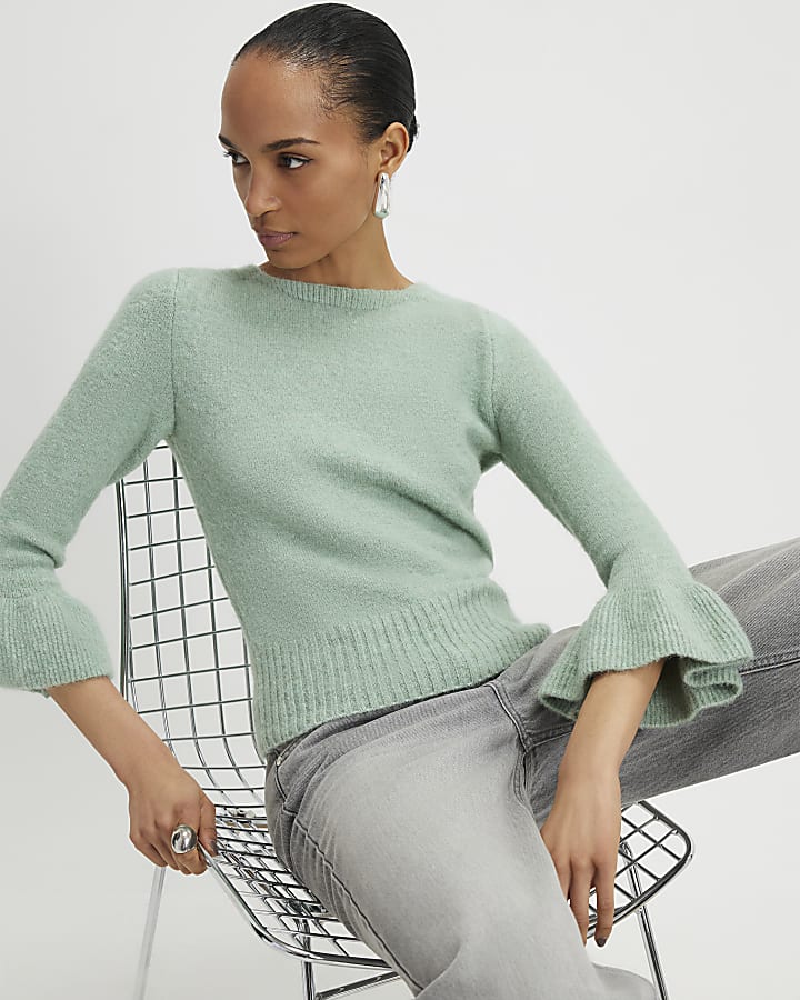 Green Frill Cuff Bow Back Jumper