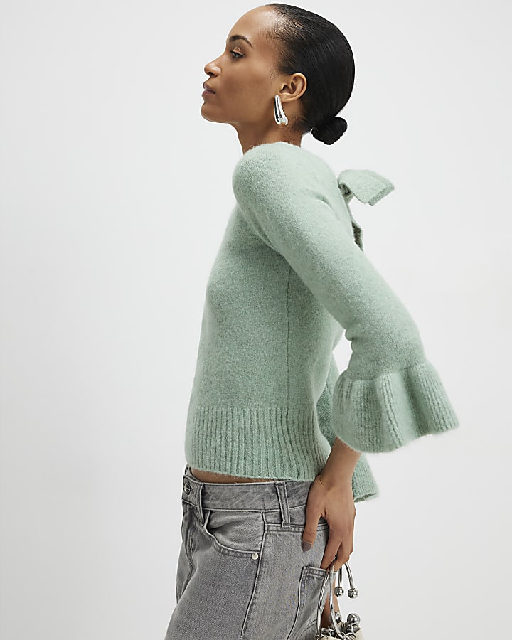 Green Frill Cuff Bow Back Jumper