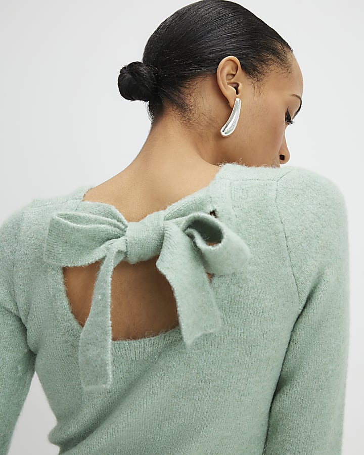 Green Frill Cuff Bow Back Jumper
