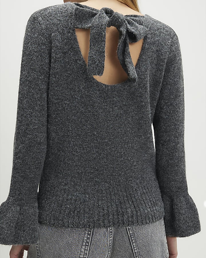 Grey Knitted Frill Cuff Tie Back Jumper