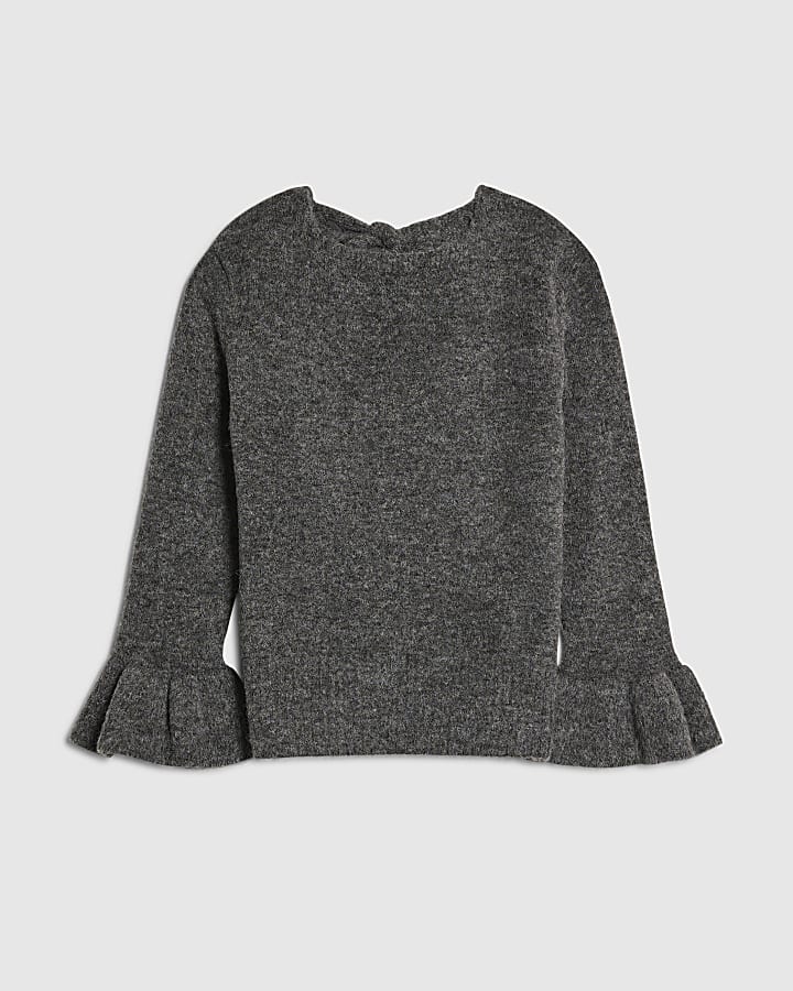 Grey Knitted Frill Cuff Tie Back Jumper