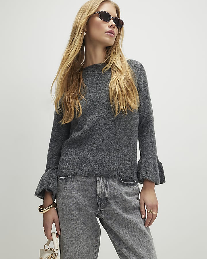 Grey Knitted Frill Cuff Tie Back Jumper