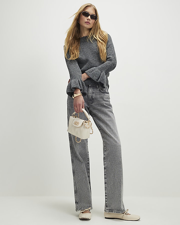 Grey Knitted Frill Cuff Tie Back Jumper