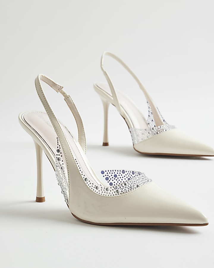White Sparkle Sling Back Court Heels