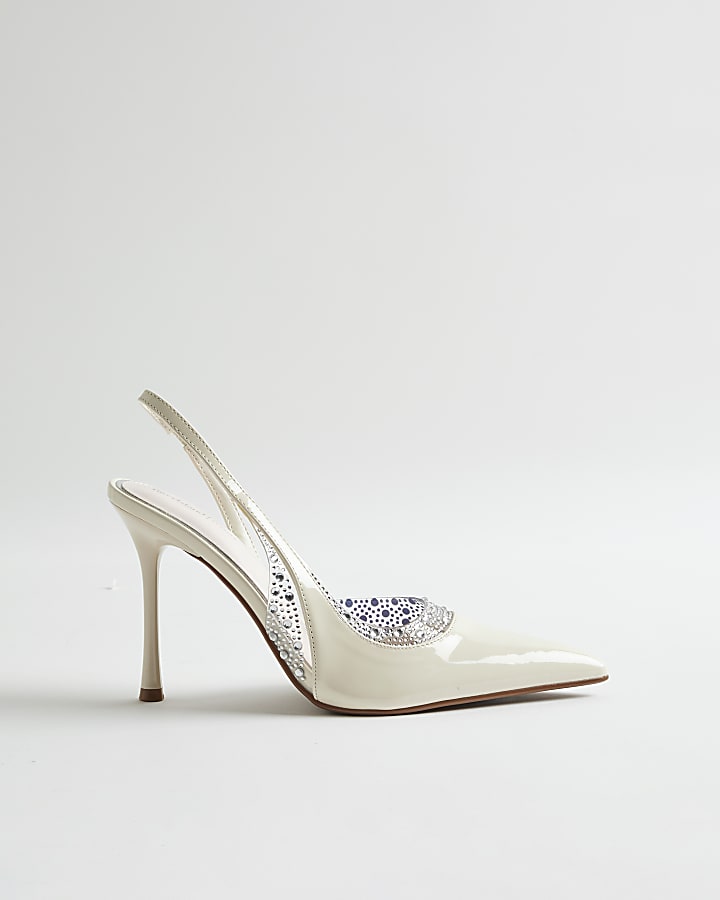 White Sparkle Sling Back Court Heels