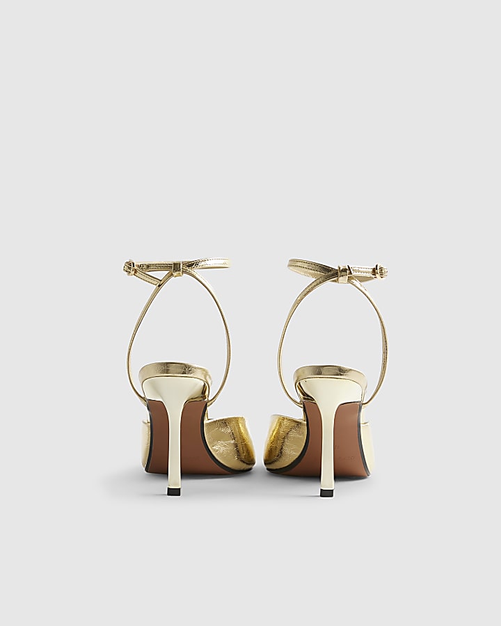 Gold Square Toe Heeled Sandals