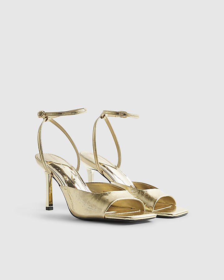 Gold Square Toe Heeled Sandals