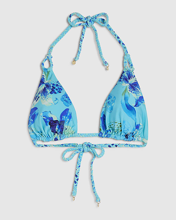 Blue Reversible Floral Print Bikini Top