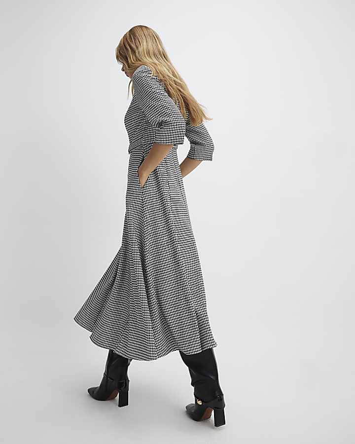 Black Dogtooth Print Belted Midi Dress
