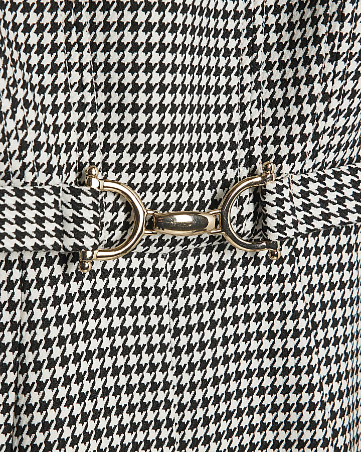 Black Dogtooth Print Belted Midi Dress