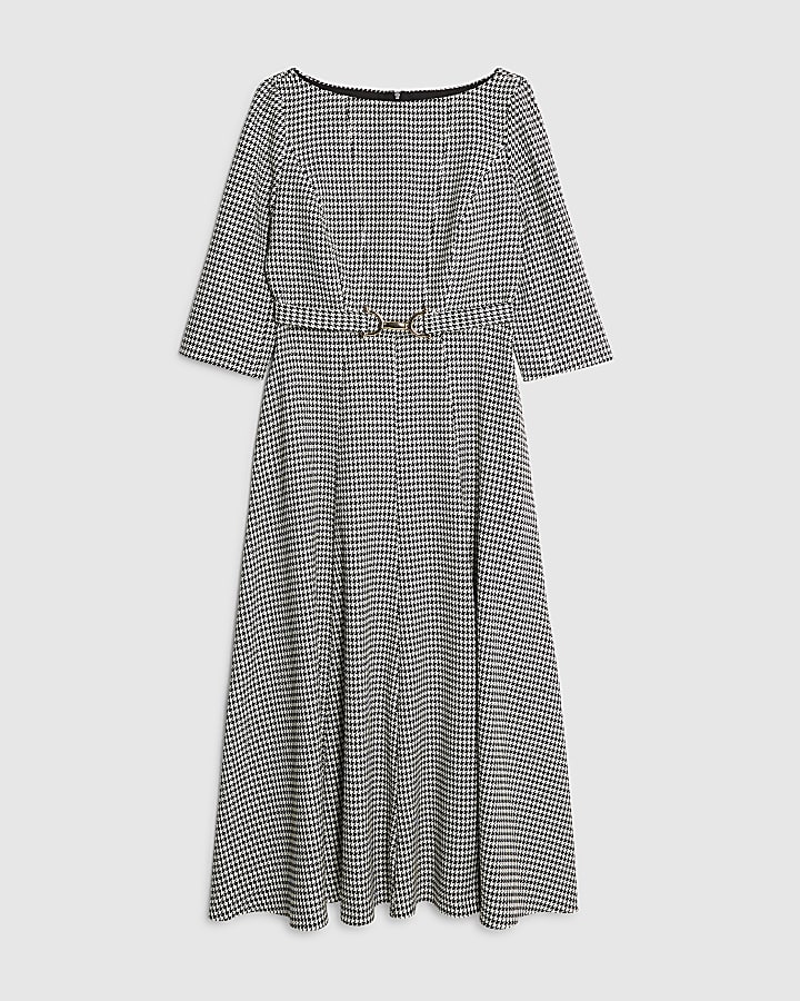 Black Dogtooth Print Belted Midi Dress