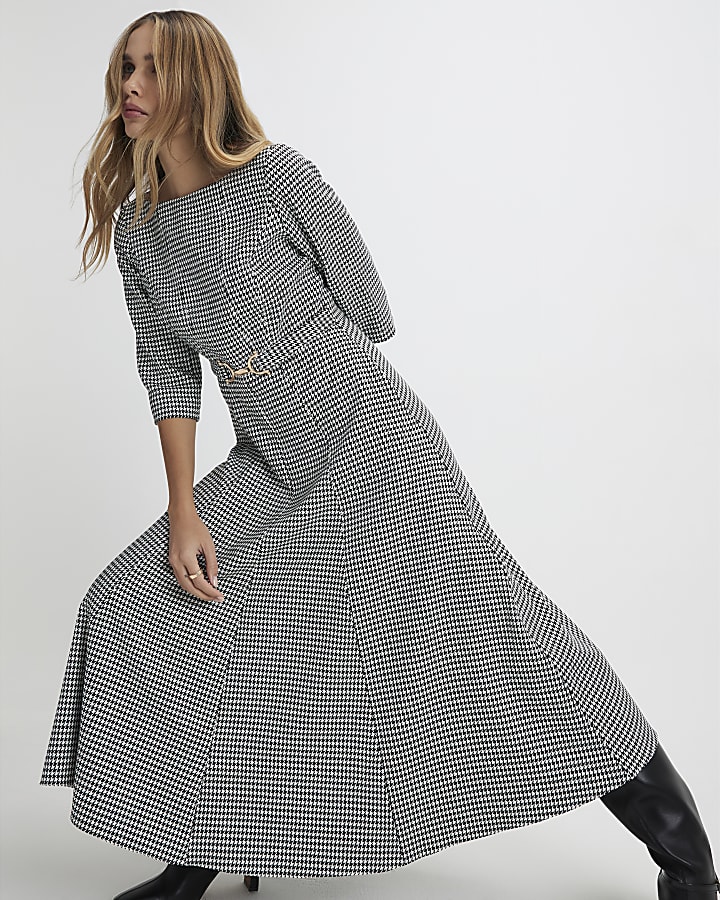 Black Dogtooth Print Belted Midi Dress