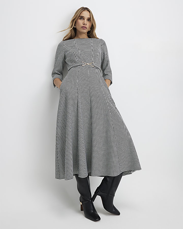 Black Dogtooth Print Belted Midi Dress