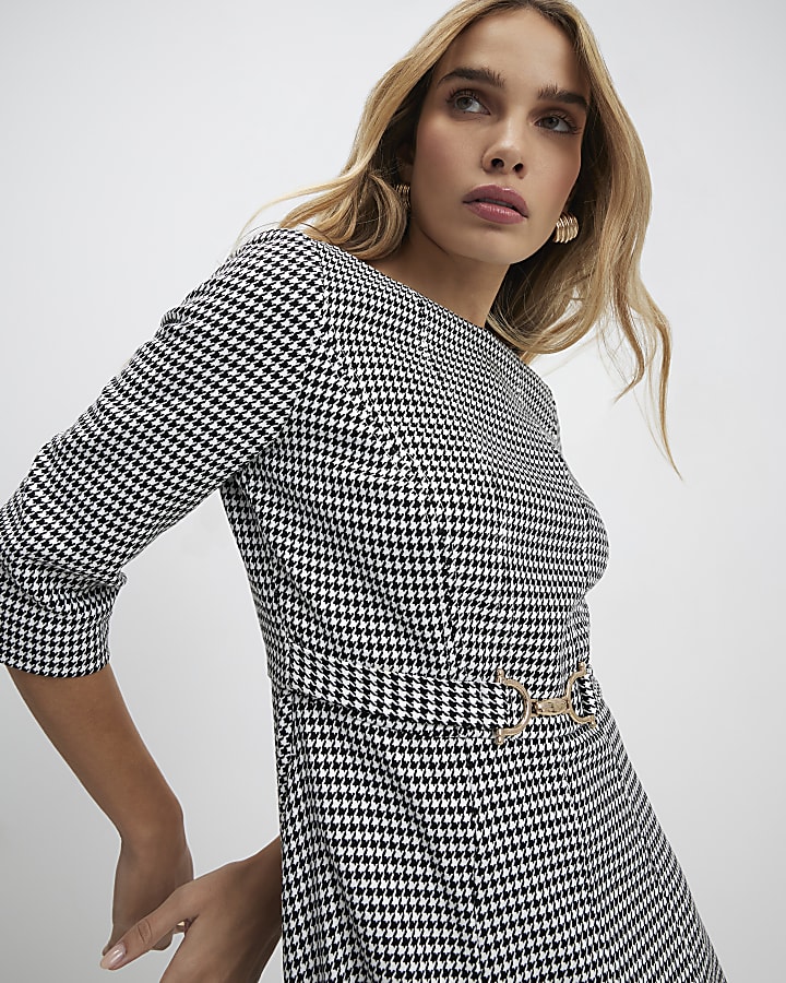 Black Dogtooth Print Belted Midi Dress