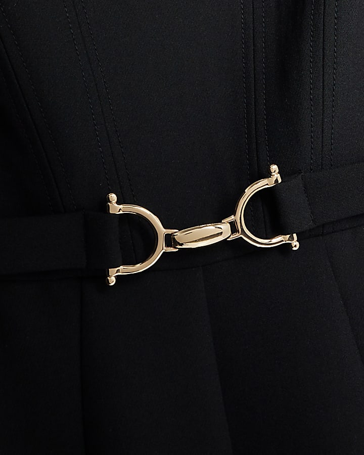 Black Long Sleeve Boat Neck Belted Midi Dress