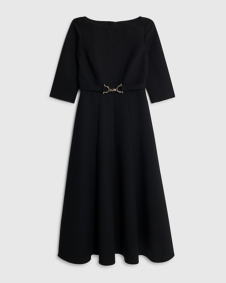 Black Long Sleeve Boat Neck Belted Midi Dress