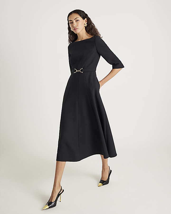 Black Long Sleeve Boat Neck Belted Midi Dress
