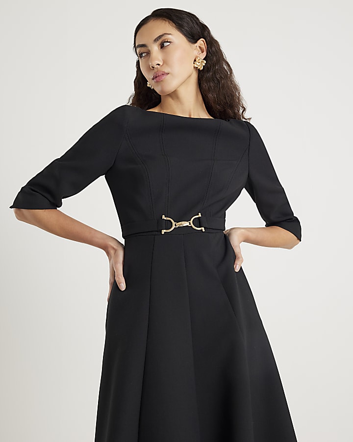 Black Long Sleeve Boat Neck Belted Midi Dress