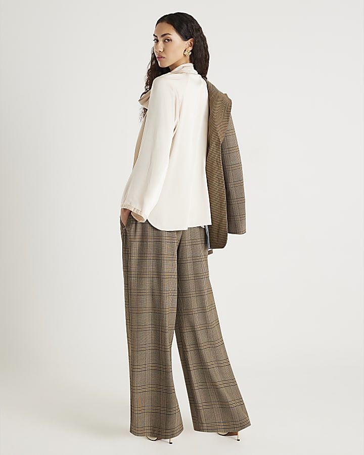 Brown Check Print Wide Leg Trousers