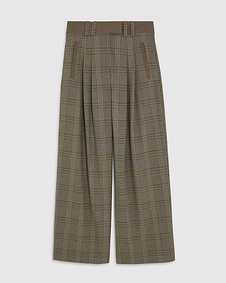Brown Check Print Wide Leg Trousers