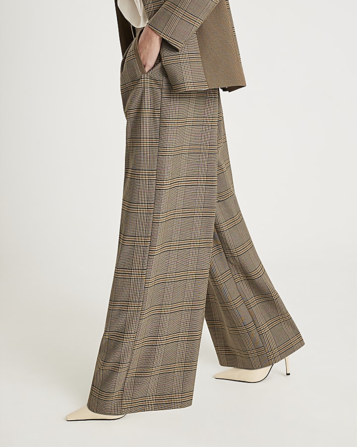 Brown Check Print Wide Leg Trousers