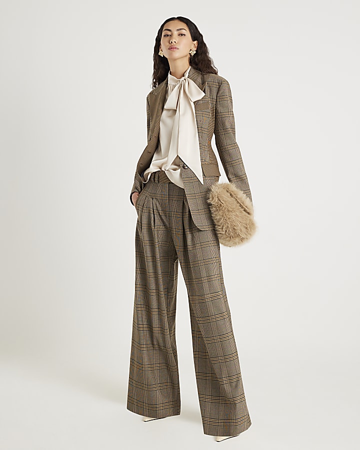 Brown Check Print Wide Leg Trousers